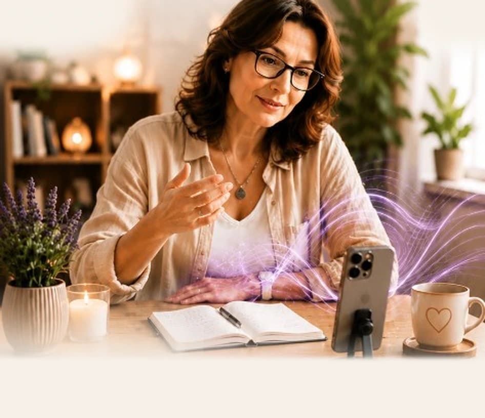 Женщина записывает голос на телефон дома — для создания аудиопродукта достаточно телефона